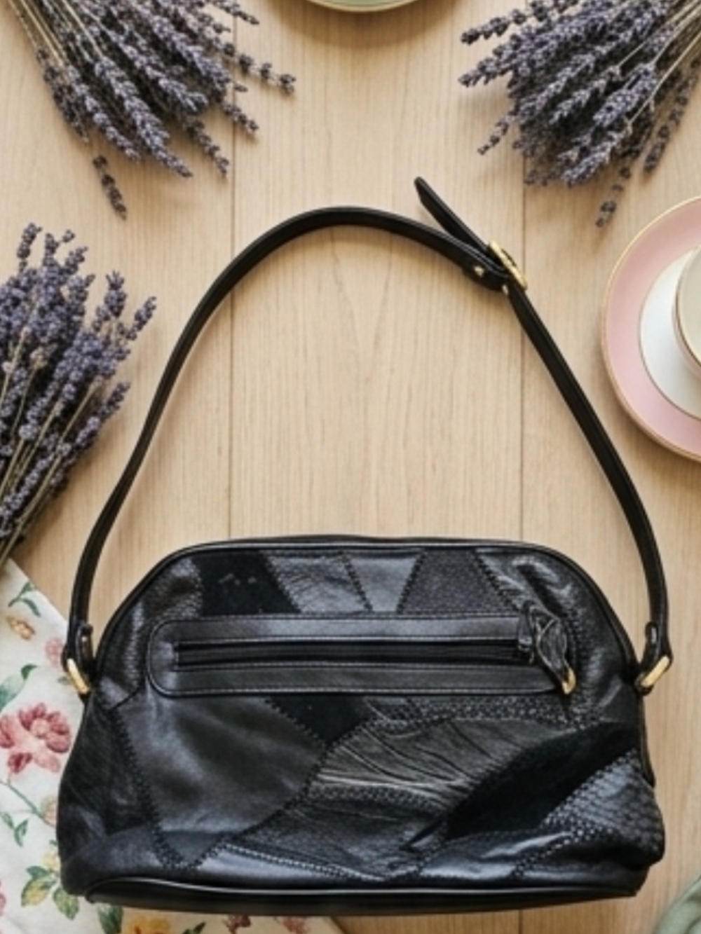 Vintage Patchwork 90s Black Leather Shoulder Bag Hobo Purse - Picture 2 of 3